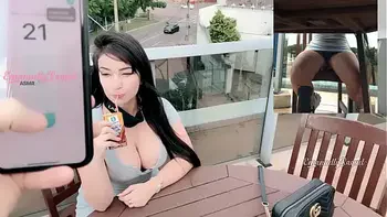 PUBLIC Sexy gorgeous brunette being teased by a guy controlling her vibrator through the cell phone while she moan and cum outdoor