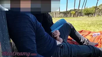 French Teacher Handjob Amateur on public park to student with Cumshot - MissCreamy