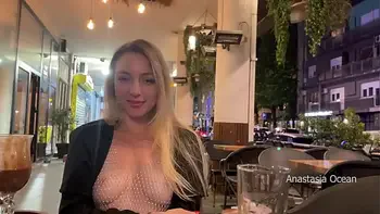 My perfect first date with flashing boobs in public. Topless in outdoor cafe.