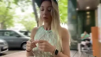 She cum outdoor with risky Public masturbation in cafe on the busy street. Transparent top, no panties, upskirt.
