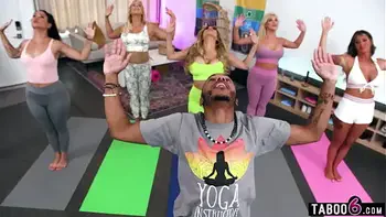 MILFs gangbang the black yoga instructor and one of his students too