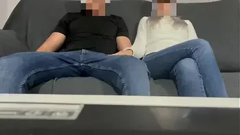 My girlfriend's friend gives me a blowjob in jeans while we wait for my girlfriend who is in the shower