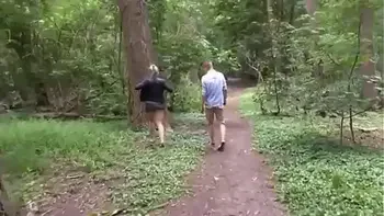 Young guy fucks an adult lady with beautiful boobs right in the forest