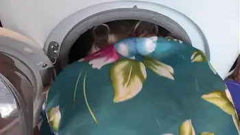 Old and young. Hard sex. Sexy blonde MILF Frina decided to wash clothes and underwear. At this time her old neighbor with an erect dick came into kitchen, stuck Milf head in washing machine, fucked pussy Milf doggy style and cum in pussy. Cumshot