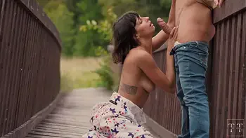 Cum all over his fiancée's tits in the woods