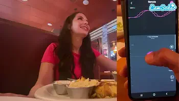 Cumming in Public with interactive toy at LUNCH! Public female orgasm interactive toy
