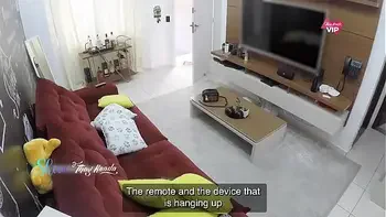 Hot wife welcomes the TV technician in a very provocative outfit and lets him cum on her - with English subtitles