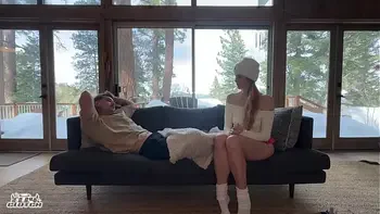 Sneaky log cabin hookup with big titty red head