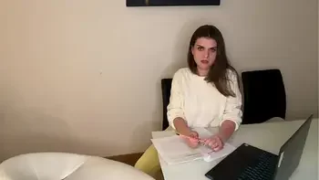 Stepson saw Stepmother’s Big Cumshot through pants in the office