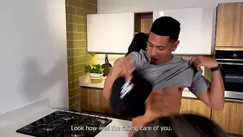 I fuck my stepsister's cuckold husband in the kitchen and when we discover each other we have a threesome until we get a mouthful of cum! Naty Delgado and Salome Gil