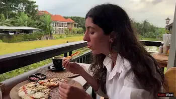 Eating pizza with cum on my face in a public cafe
