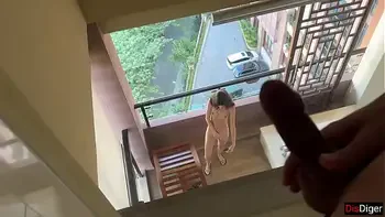 Horny Neighbor Masturbates On Balcony While Pervert Peeps - Katty West Anal