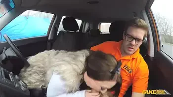 Fake Driving School - Cock starved busty brunette demands cock in her wet pussy