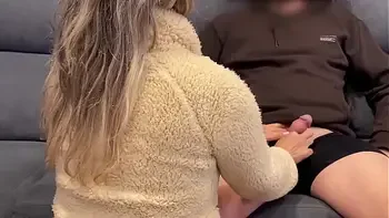 Enough! My wife is coming now! Milf jerks off her friend's husband.