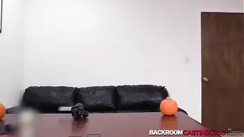 Young babe Alyssa auditions for anal creampie on black couch