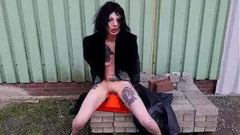 Slut Lucy fucks a traffic cone and a dildo in public