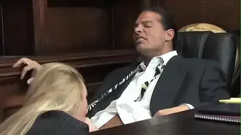 Big boobs blonde Aline in stocking seduces boss for quickie sex on desk