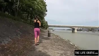 Cute jogger almost caught masturbating in a public park