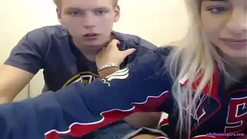 Blonde teen is making blowjob for her boyfriend at live sex webcam show