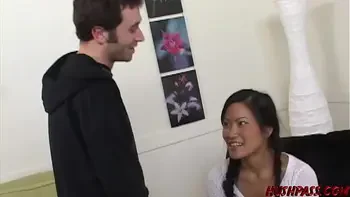 Petite Asian sucks massive dick and rides it for money