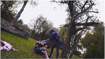 Outdoor Bondage Shibari Suspension - Tattoo Skinny Girl In Ropes On A Tree