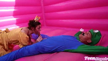 Johnny Love Fucks Shrooms Q as Princess Peach in Bouncy Castle Blowjob