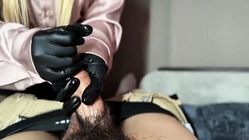 Stepmom Punishes Stepson For Bad Grades - Handjob Cumshot With Leather Gloves