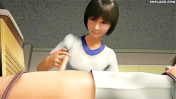 He takes out his tied dick, gives him a hand job, ejaculates, and straddles him in cowgirl position.