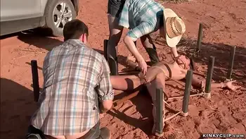 Bound hitchhiker anal toyed in desert