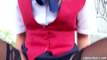 Stewardess Blowing Cock For Cash Public Outdoor