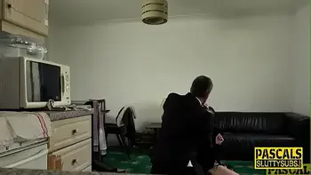 Submissive teen gags throating cock