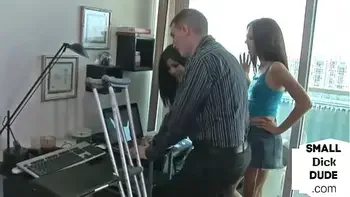 Dominant babes humiliate tiny dick nerd with hj