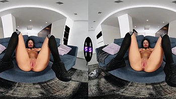 Skinny Breiny Zoe masturbates her shaved pussy wearing only socks.