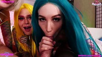 Lesya Moon And Purple Bitch In Dreamed Of A Blowjob From Three Beauties In Colorful Nets Nerwen