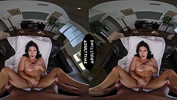 Queenie Sateen shakes big tits sliding on cock, showcasing her stunning 34f natural assets.