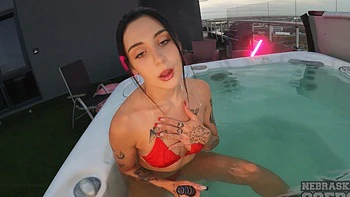 Dora explores herself in the pool with toys