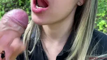 Stranger was with girl in the woods POV blowjob she swallow his cum