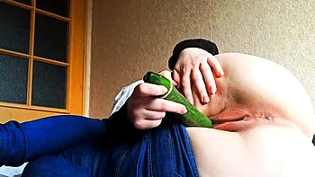 Teen Masturbates with Cucumber in Hostel - Big Ass Orgasm So