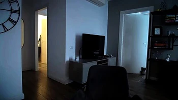 Busty curly brunette with big boobs fucks on couch