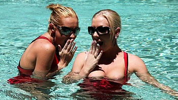 Sweet blonde with silicone tits Brit is jumping on a pretty huge dick