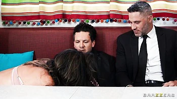 Fake-boobed brunette Reagan Foxx swallows semen after hard fuck