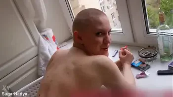 Russian short-haired bitch Hanna Montana gets fucked right outside the window
