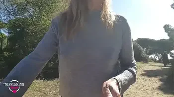 nippleringlover walking on the beach and flashing pierced tits with huge pierced nipples and big nipple rings