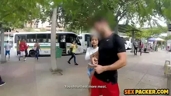 Tied up caramel teen first big cock anal with European Tourist