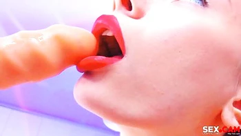 Close-up oral sloppy dildo sucking with a gorgeous brunette Passion