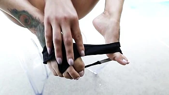 Beautiful brunette Orion Raye likes touching her shaved pussy so much