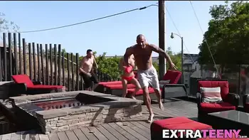 Teen beauty Emma Hix spit roasted by two big dicks