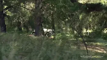 Two horny chicks fucking with a stranger in the nature