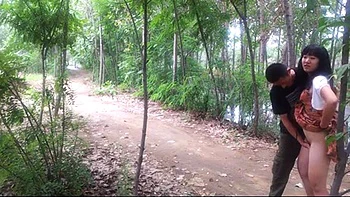 Asian babe fucked doggy and missionary outdoors