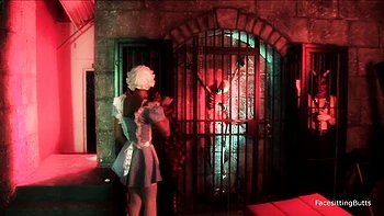 Blindfolded Girl Fucked Hard in Cage Threesome